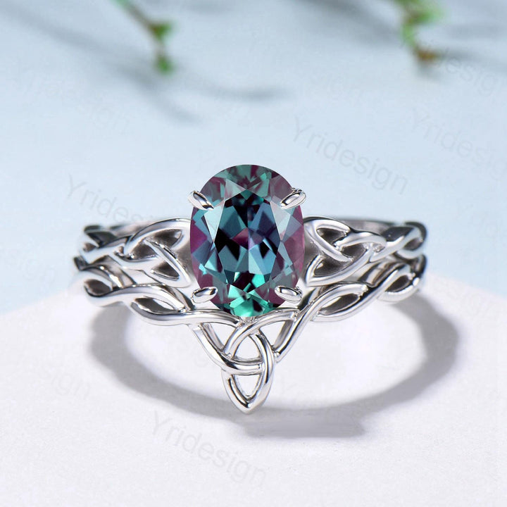 Norse Viking Alexandrite Wedding Ring Set Celtic Knot Lab Alexandrite Engagement Ring June Birthstone Jewelry Unique 2Pcs Twisted Bridal Set - PENFINE
