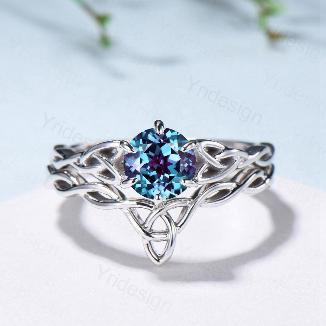 Norse Viking Alexandrite Wedding Ring Set Celtic Knot Lab Alexandrite Engagement Ring June Birthstone Jewelry Unique 2Pcs Twisted Bridal Set - PENFINE