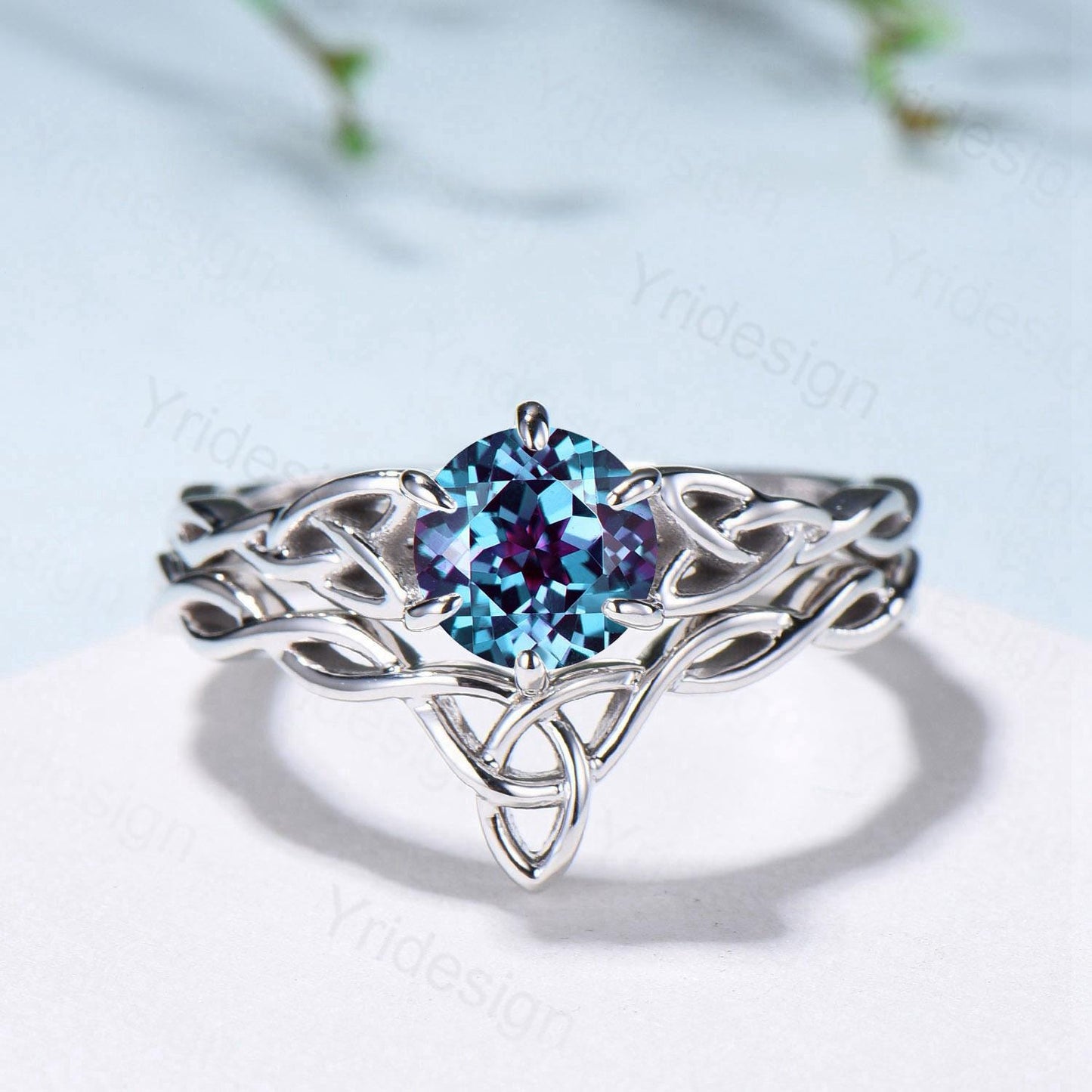 Norse Viking Alexandrite Wedding Ring Set Celtic Knot Lab Alexandrite Engagement Ring June Birthstone Jewelry Unique 2Pcs Twisted Bridal Set - PENFINE