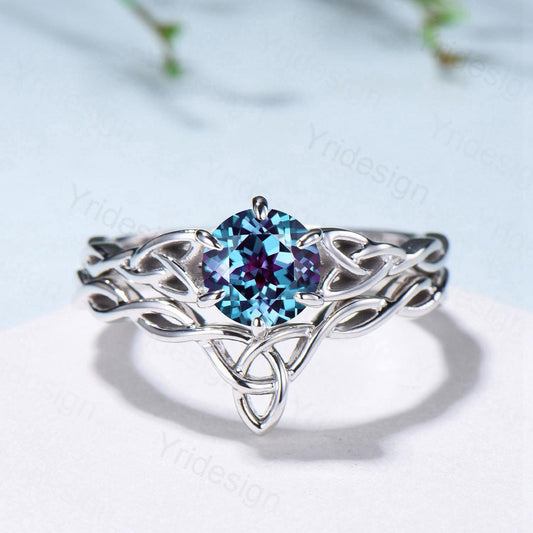 Norse Viking Alexandrite Wedding Ring Set Celtic Knot Lab Alexandrite Engagement Ring June Birthstone Jewelry Unique 2Pcs Twisted Bridal Set - PENFINE