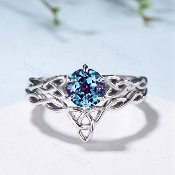 Norse Viking Alexandrite Wedding Ring Set Celtic Knot Lab Alexandrite Engagement Ring June Birthstone Jewelry Unique 2Pcs Twisted Bridal Set - PENFINE