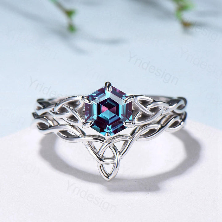 Norse Viking Alexandrite Wedding Ring Set Celtic Knot Lab Alexandrite Engagement Ring June Birthstone Jewelry Unique 2Pcs Twisted Bridal Set - PENFINE