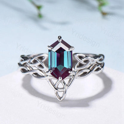 Norse Viking Alexandrite Wedding Ring Set Celtic Knot Lab Alexandrite Engagement Ring June Birthstone Jewelry Unique 2Pcs Twisted Bridal Set - PENFINE