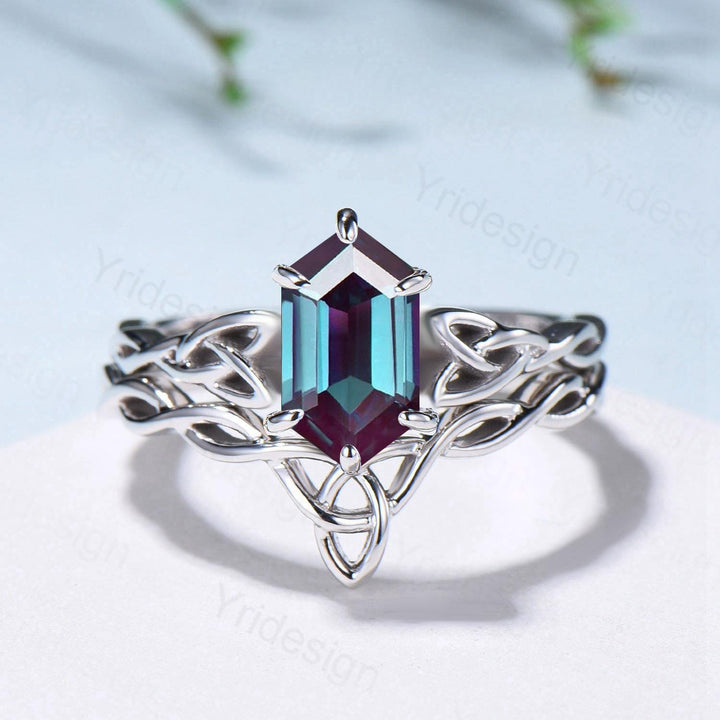Norse Viking Alexandrite Wedding Ring Set Celtic Knot Lab Alexandrite Engagement Ring June Birthstone Jewelry Unique 2Pcs Twisted Bridal Set - PENFINE