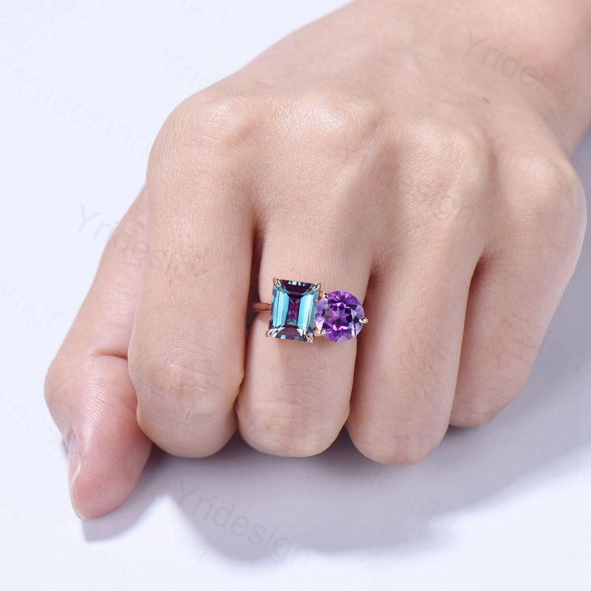 Minimalist Two stone emerald cut alexandrite engagement ring 14k rose gold round Amethyst wedding ring Plain Band anniversary bridal gifts - PENFINE