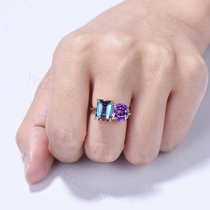 Minimalist Two stone emerald cut alexandrite engagement ring 14k rose gold round Amethyst wedding ring Plain Band anniversary bridal gifts - PENFINE