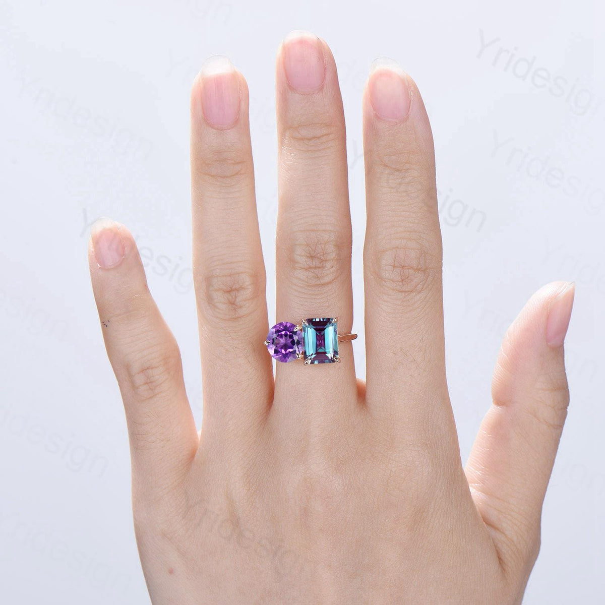 Minimalist Two stone emerald cut alexandrite engagement ring 14k rose gold round Amethyst wedding ring Plain Band anniversary bridal gifts - PENFINE