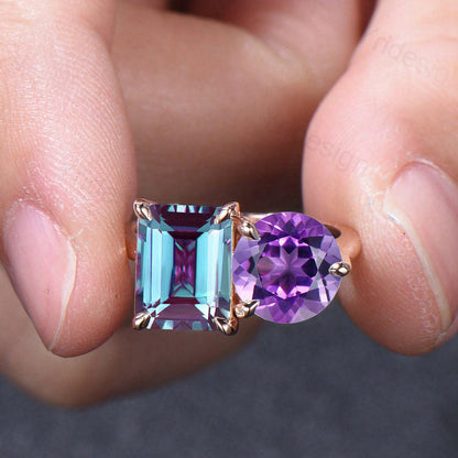 Minimalist Two stone emerald cut alexandrite engagement ring 14k rose gold round Amethyst wedding ring Plain Band anniversary bridal gifts - PENFINE