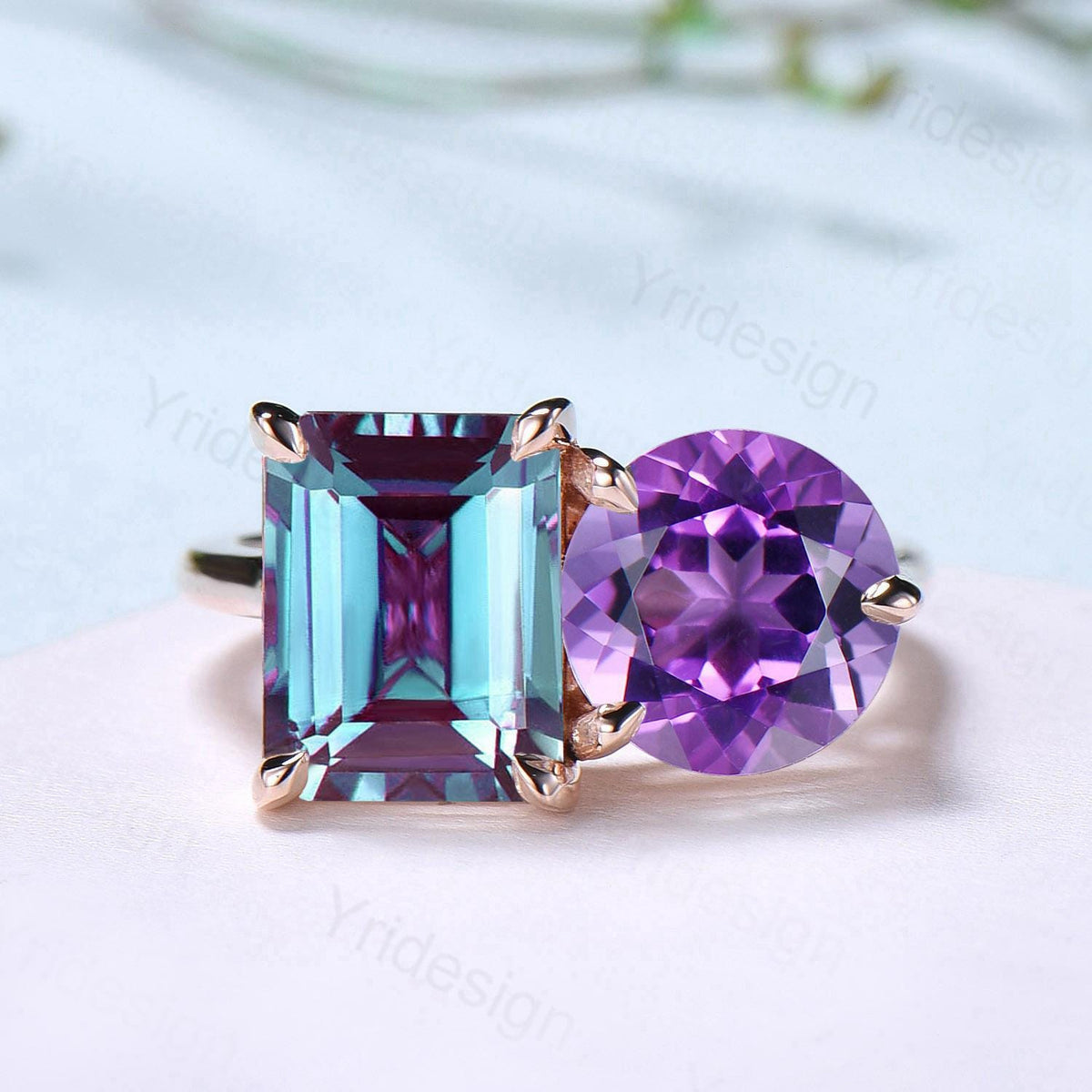 Minimalist Two stone emerald cut alexandrite engagement ring 14k rose gold round Amethyst wedding ring Plain Band anniversary bridal gifts - PENFINE