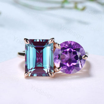 Minimalist Two stone emerald cut alexandrite engagement ring 14k rose gold round Amethyst wedding ring Plain Band anniversary bridal gifts - PENFINE