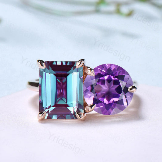 Minimalist Two stone emerald cut alexandrite engagement ring 14k rose gold round Amethyst wedding ring Plain Band anniversary bridal gifts - PENFINE