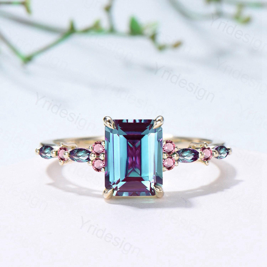 Elegant Emerald Cut Alexandrite Engagement Ring Yellow Gold Unique Pink Tourmaline Color Change Wedding Ring Promise Anniversary Gifts Women - PENFINE