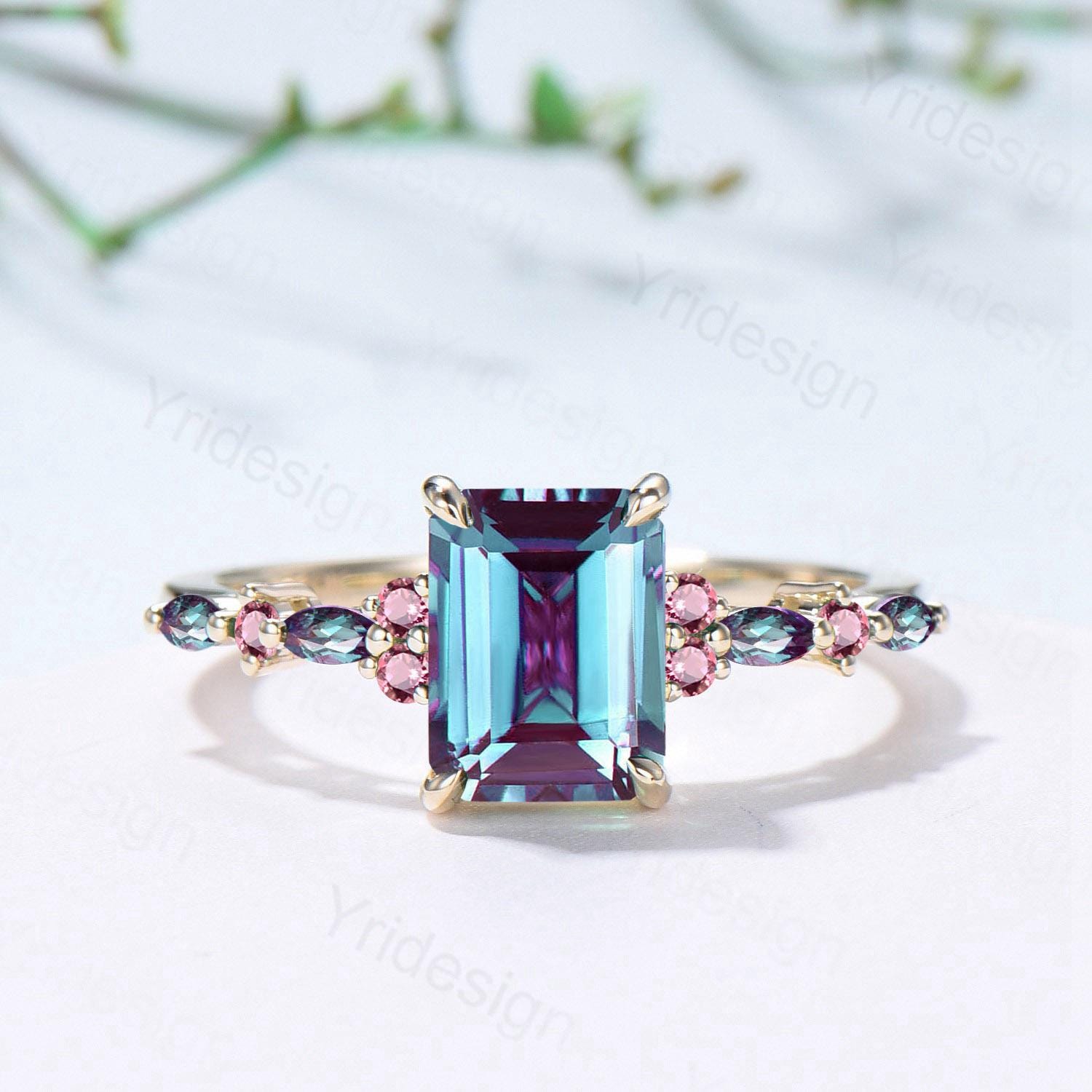 Elegant Emerald Cut Alexandrite Engagement Ring Yellow Gold Unique Pink Tourmaline Color Change Wedding Ring Promise Anniversary Gifts Women - PENFINE