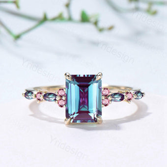 Elegant Emerald Cut Alexandrite Engagement Ring Yellow Gold Unique Pink Tourmaline Color Change Wedding Ring Promise Anniversary Gifts Women - PENFINE