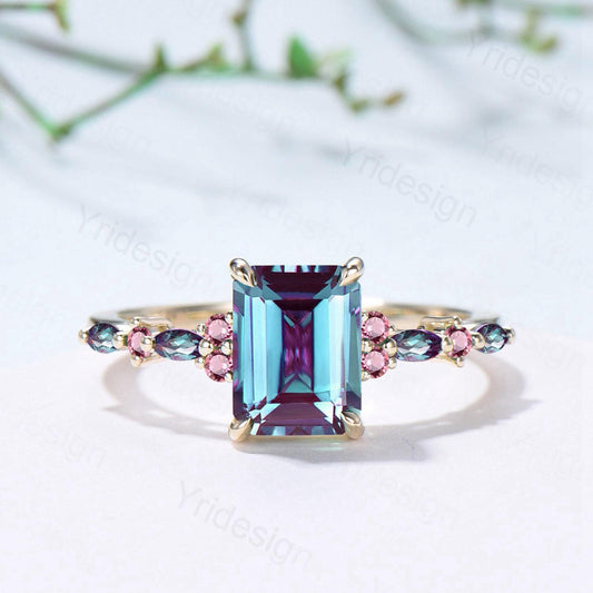 Elegant Emerald Cut Alexandrite Engagement Ring Yellow Gold Unique Pink Tourmaline Color Change Wedding Ring Promise Anniversary Gifts Women - PENFINE