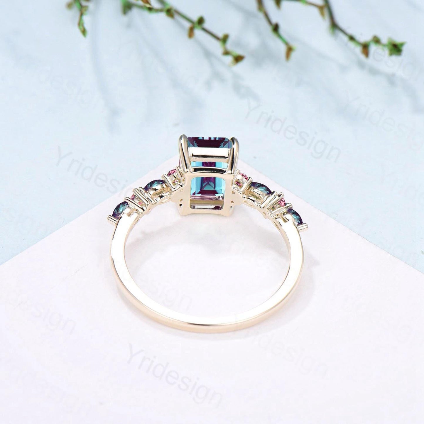 Elegant Emerald Cut Alexandrite Engagement Ring Yellow Gold Unique Pink Tourmaline Color Change Wedding Ring Promise Anniversary Gifts Women - PENFINE