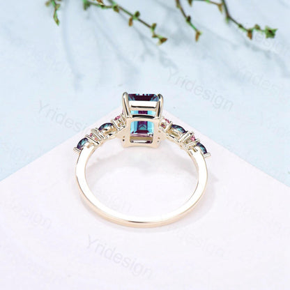 Elegant Emerald Cut Alexandrite Engagement Ring Yellow Gold Unique Pink Tourmaline Color Change Wedding Ring Promise Anniversary Gifts Women - PENFINE