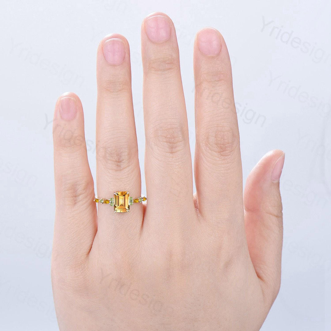 Vintage Emerald Cut Citrine Engagement Ring Cluster Peridot Wedding Ring Yellow Gold November Birthstone Elegant Anniversary Ring for Women - PENFINE
