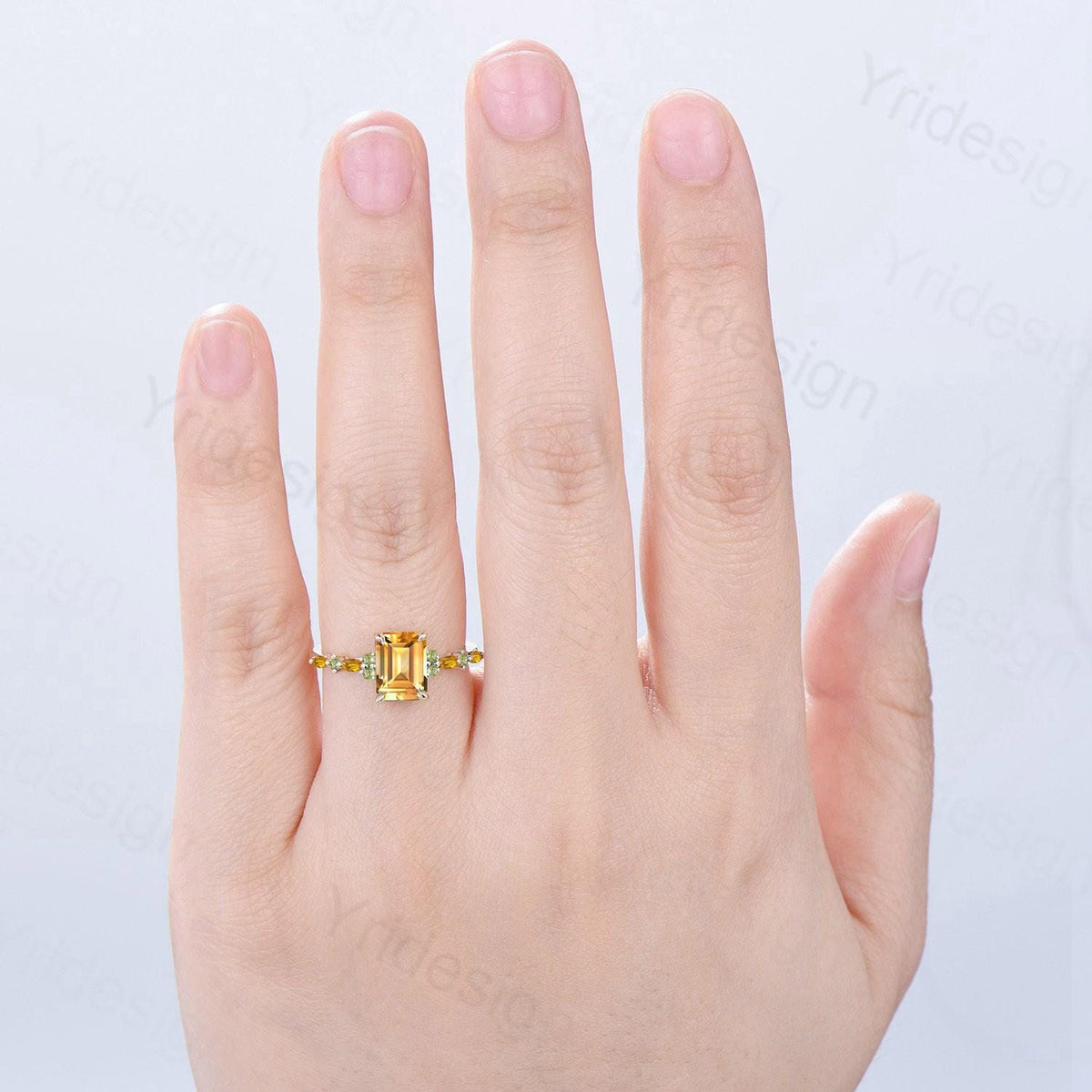 Vintage Emerald Cut Citrine Engagement Ring Cluster Peridot Wedding Ring Yellow Gold November Birthstone Elegant Anniversary Ring for Women - PENFINE