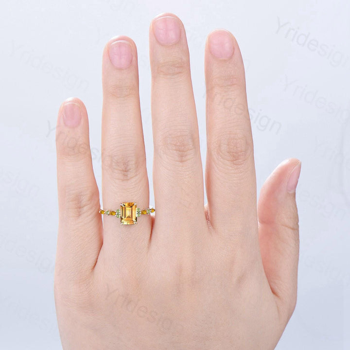 Vintage Emerald Cut Citrine Engagement Ring Cluster Peridot Wedding Ring Yellow Gold November Birthstone Elegant Anniversary Ring for Women - PENFINE