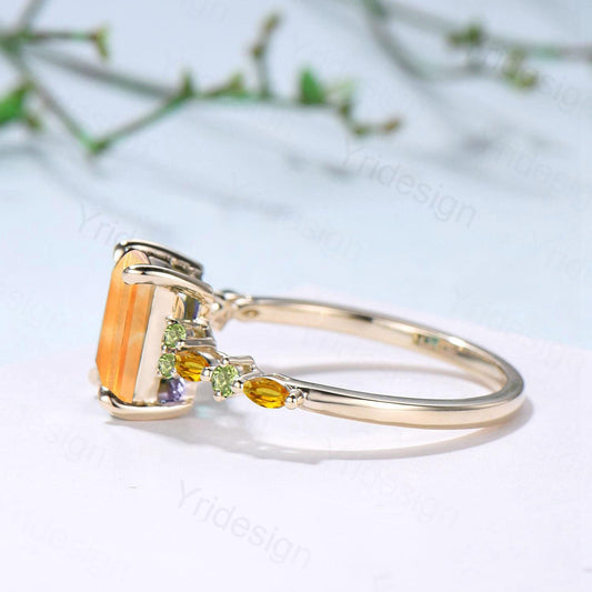 Vintage Emerald Cut Citrine Engagement Ring Cluster Peridot Wedding Ring Yellow Gold November Birthstone Elegant Anniversary Ring for Women - PENFINE