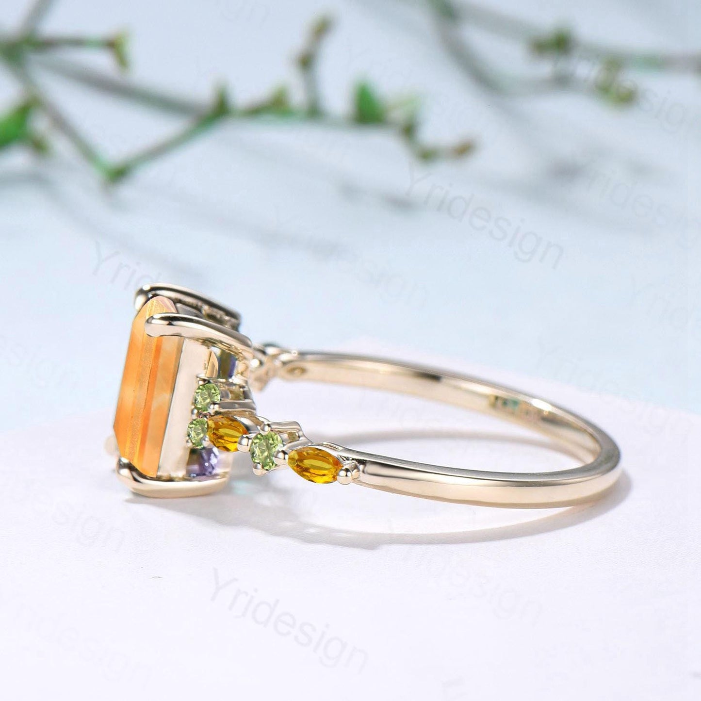 Vintage Emerald Cut Citrine Engagement Ring Cluster Peridot Wedding Ring Yellow Gold November Birthstone Elegant Anniversary Ring for Women - PENFINE