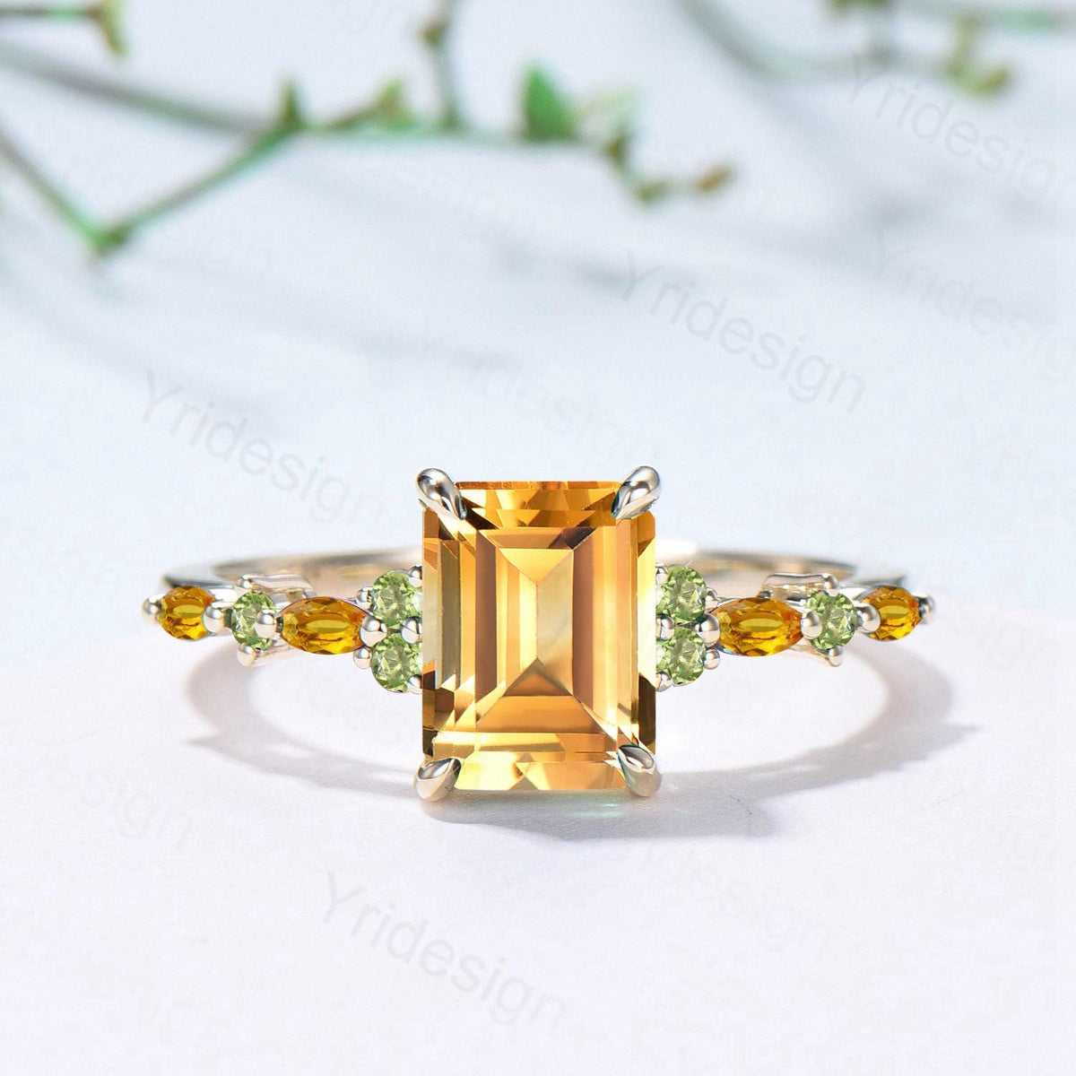 Vintage Emerald Cut Citrine Engagement Ring Cluster Peridot Wedding Ring Yellow Gold November Birthstone Elegant Anniversary Ring for Women - PENFINE