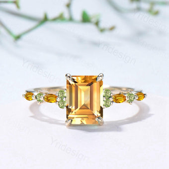Vintage Emerald Cut Citrine Engagement Ring Cluster Peridot Wedding Ring Yellow Gold November Birthstone Elegant Anniversary Ring for Women - PENFINE