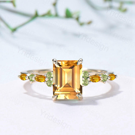 Vintage Emerald Cut Citrine Engagement Ring Cluster Peridot Wedding Ring Yellow Gold November Birthstone Elegant Anniversary Ring for Women - PENFINE