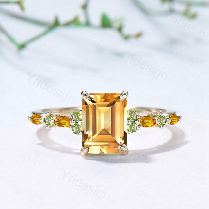 Vintage Emerald Cut Citrine Engagement Ring Cluster Peridot Wedding Ring Yellow Gold November Birthstone Elegant Anniversary Ring for Women - PENFINE