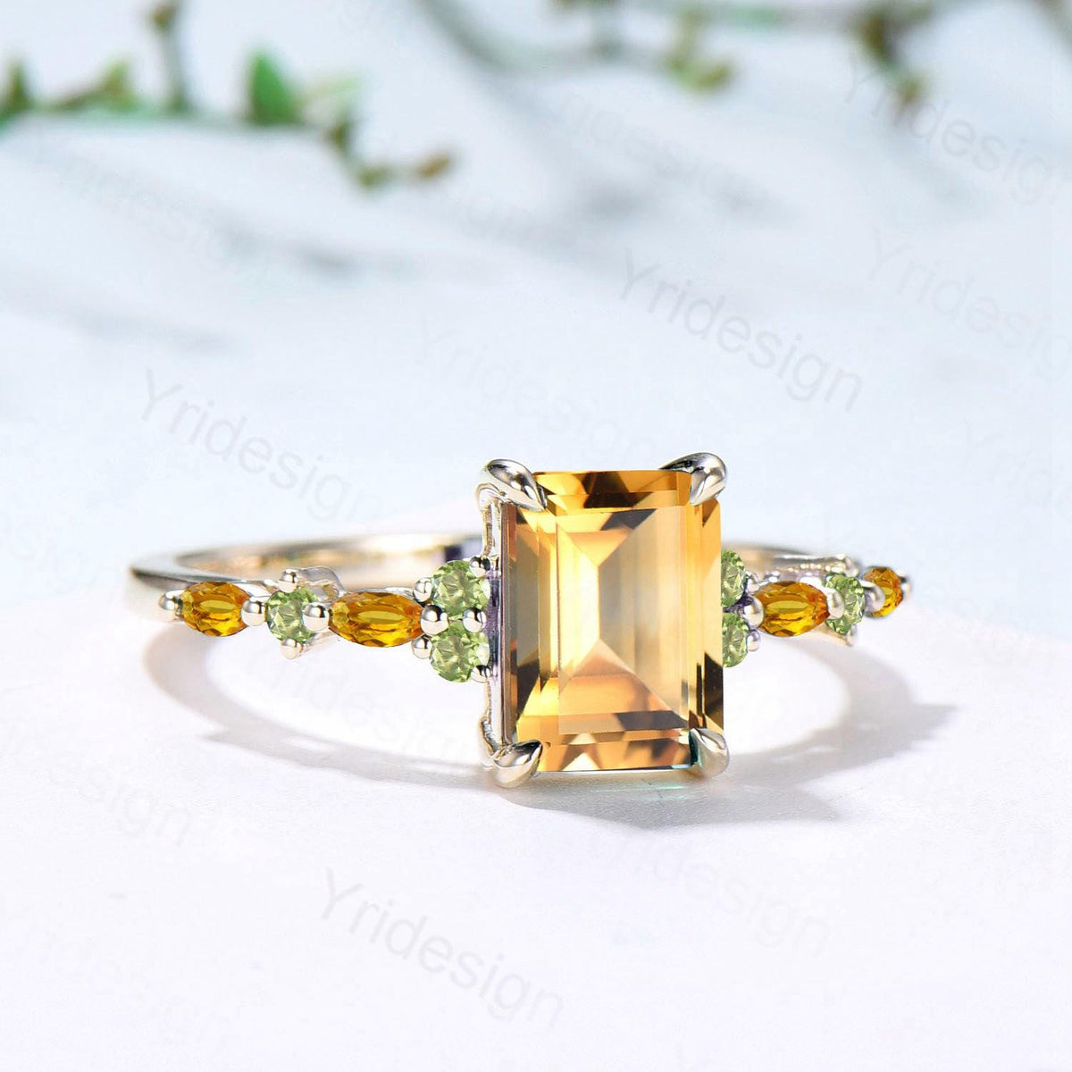 Vintage Emerald Cut Citrine Engagement Ring Cluster Peridot Wedding Ring Yellow Gold November Birthstone Elegant Anniversary Ring for Women - PENFINE
