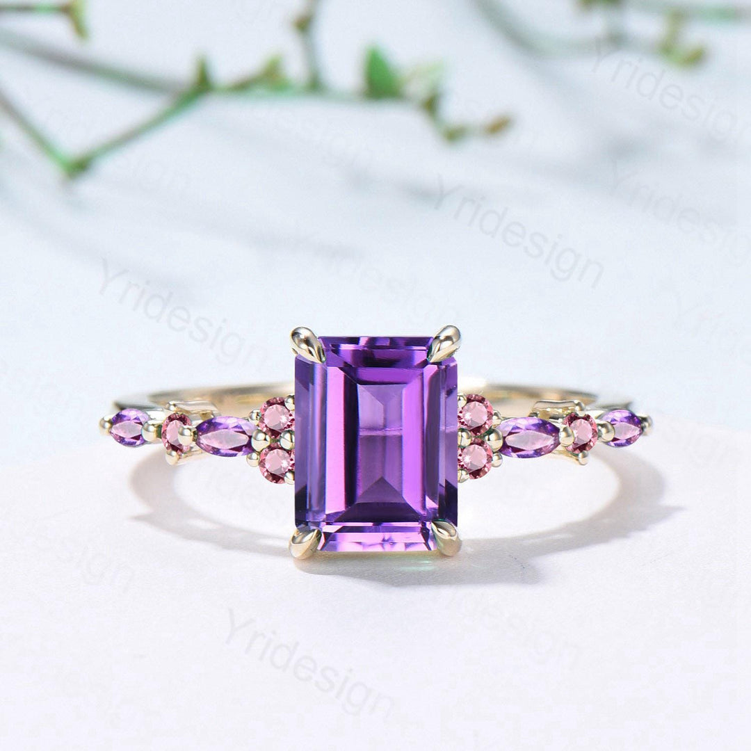 Unique Emerald Cut Amethyst Ring Marquise Purple Crystal Vintage Engagement Ring February Birthstone Handmade Bat Proposal Gifts for Women - PENFINE