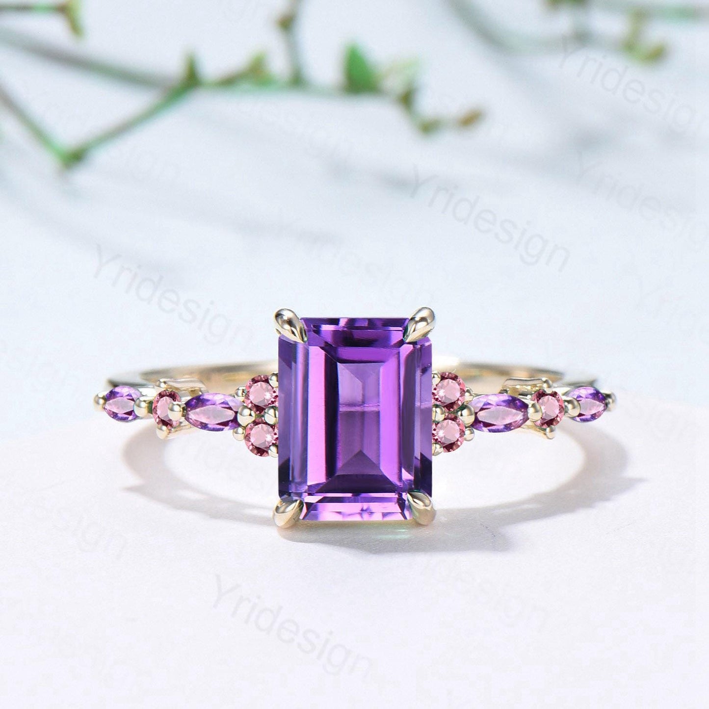 Unique Emerald Cut Amethyst Ring Marquise Purple Crystal Vintage Engagement Ring February Birthstone Handmade Bat Proposal Gifts for Women - PENFINE