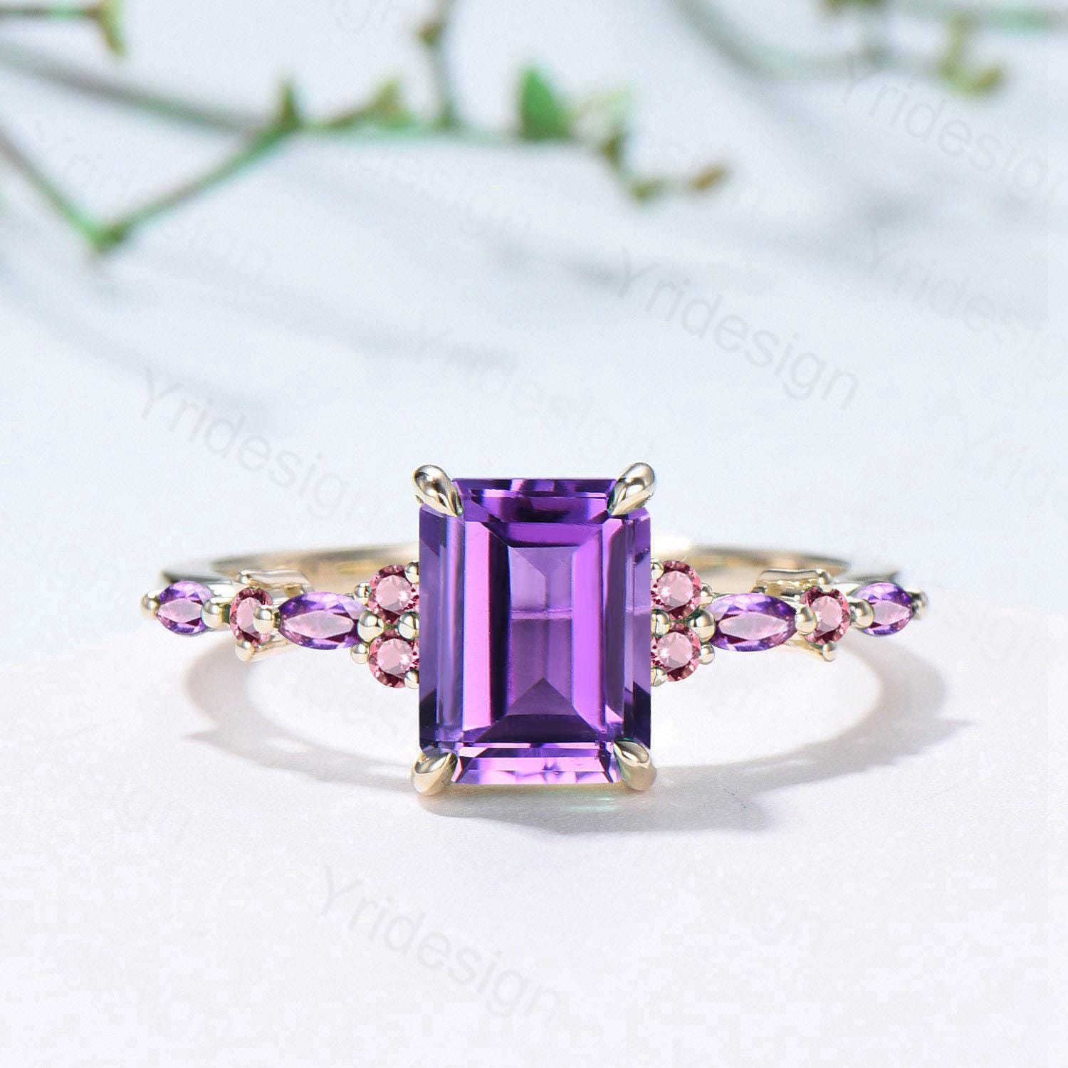 Unique Emerald Cut Amethyst Ring Marquise Purple Crystal Vintage Engagement Ring February Birthstone Handmade Bat Proposal Gifts for Women - PENFINE