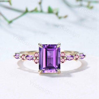 Unique Emerald Cut Amethyst Ring Marquise Purple Crystal Vintage Engagement Ring February Birthstone Handmade Bat Proposal Gifts for Women - PENFINE