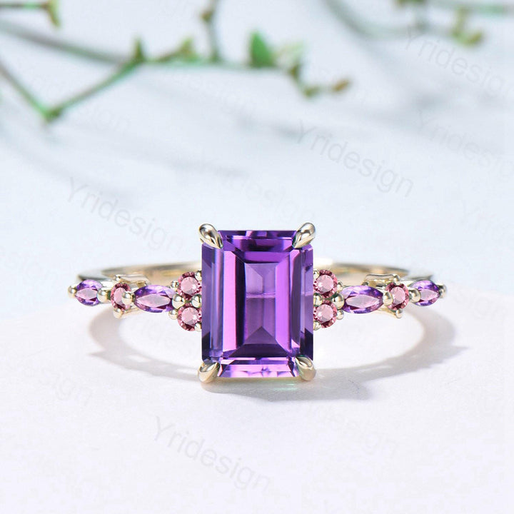 Unique Emerald Cut Amethyst Ring Marquise Purple Crystal Vintage Engagement Ring February Birthstone Handmade Bat Proposal Gifts for Women - PENFINE