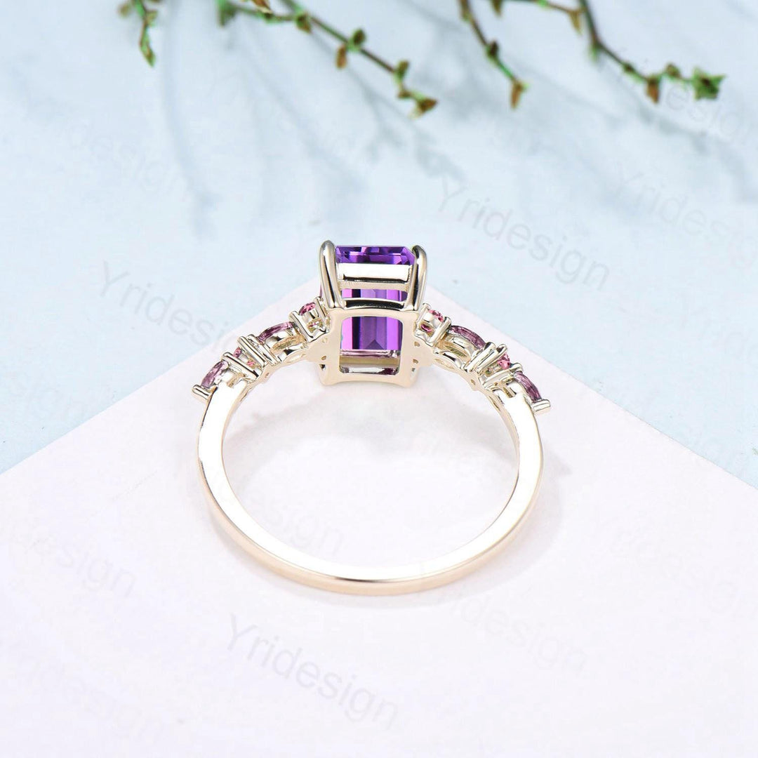Unique Emerald Cut Amethyst Ring Marquise Purple Crystal Vintage Engagement Ring February Birthstone Handmade Bat Proposal Gifts for Women - PENFINE