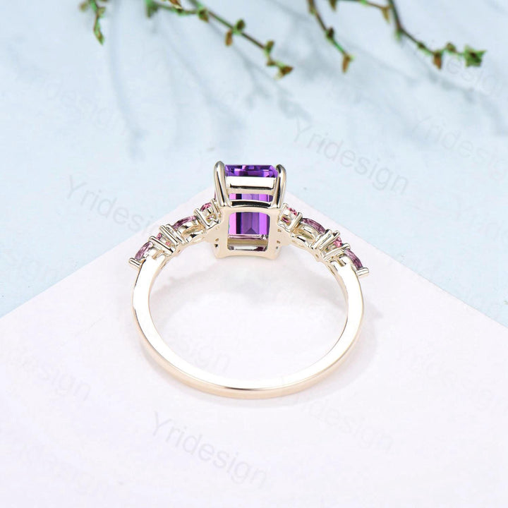 Unique Emerald Cut Amethyst Ring Marquise Purple Crystal Vintage Engagement Ring February Birthstone Handmade Bat Proposal Gifts for Women - PENFINE