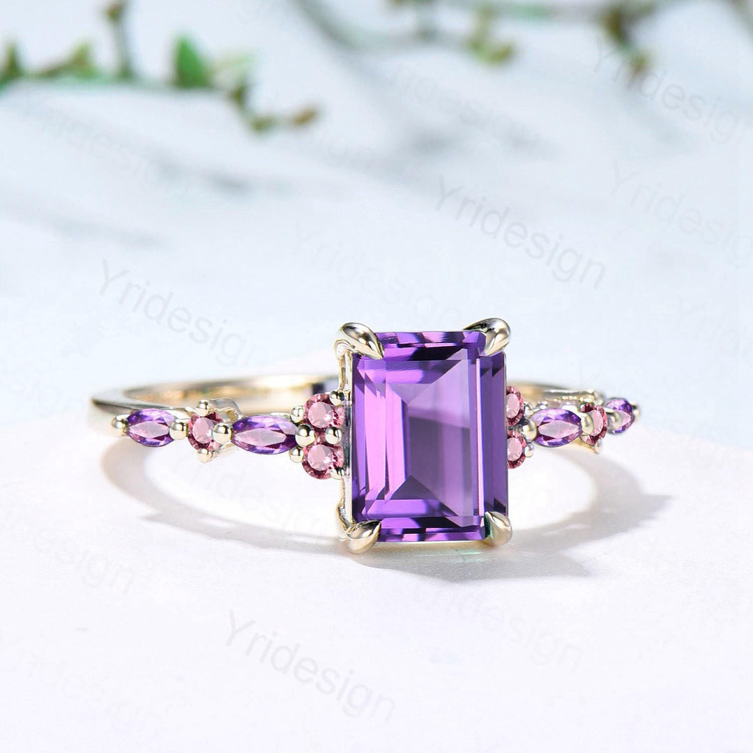 Unique Emerald Cut Amethyst Ring Marquise Purple Crystal Vintage Engagement Ring February Birthstone Handmade Bat Proposal Gifts for Women - PENFINE
