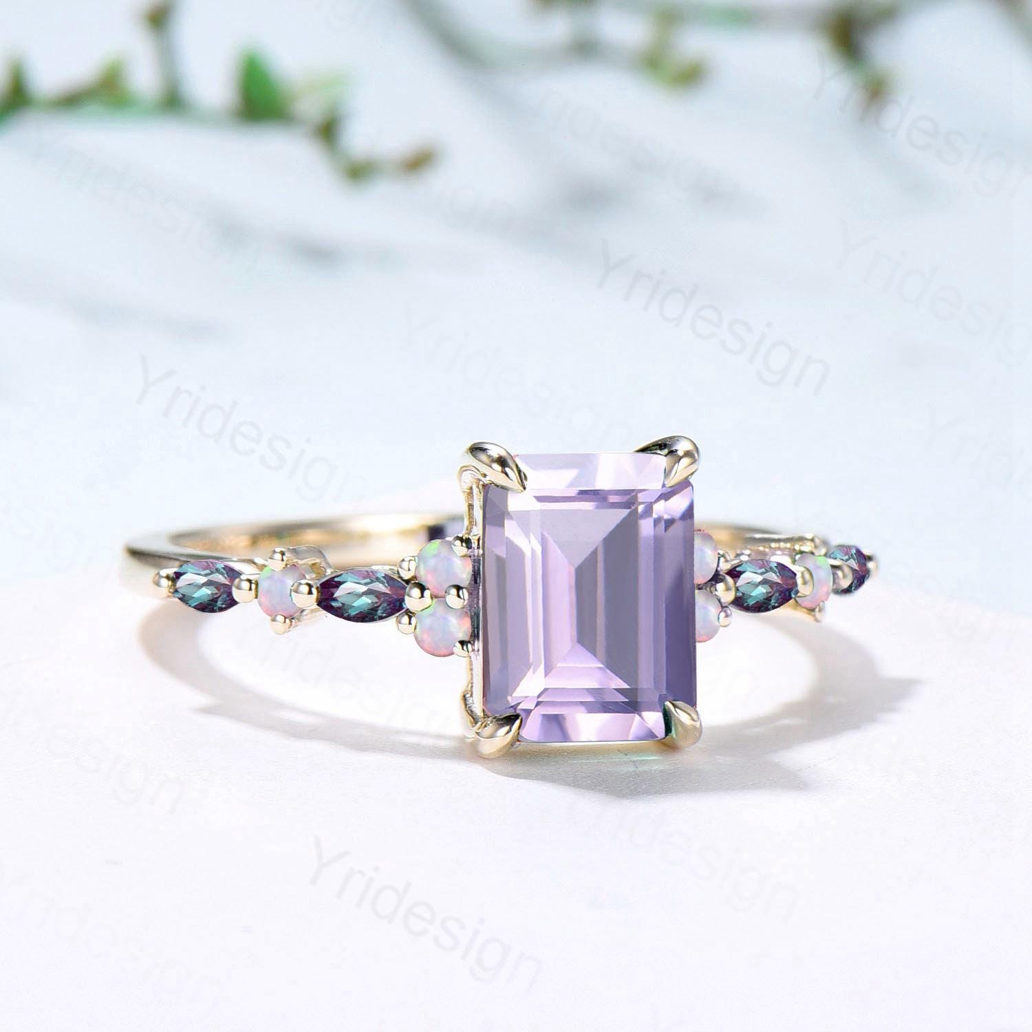 Unique Emerald Cut lavender amethyst Ring Marquise Alexandrite Opal Purple Engagement Ring February Birthstone Handmade Proposal Gifts Women - PENFINE