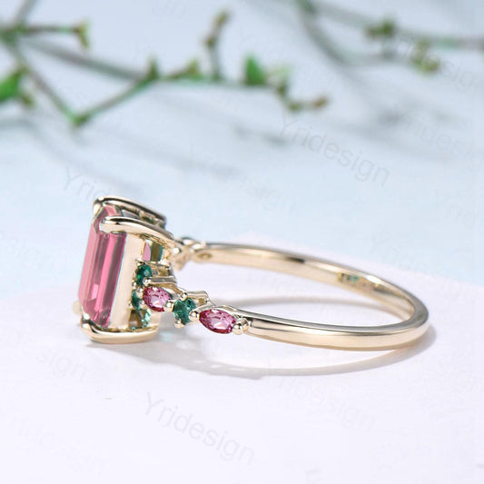 Vintage Padparadscha sapphire Engagement Ring Yellow Gold Pink Tourmaline and Emerald Wedding Band Pink Crystal Anniversary Ring For Women - PENFINE