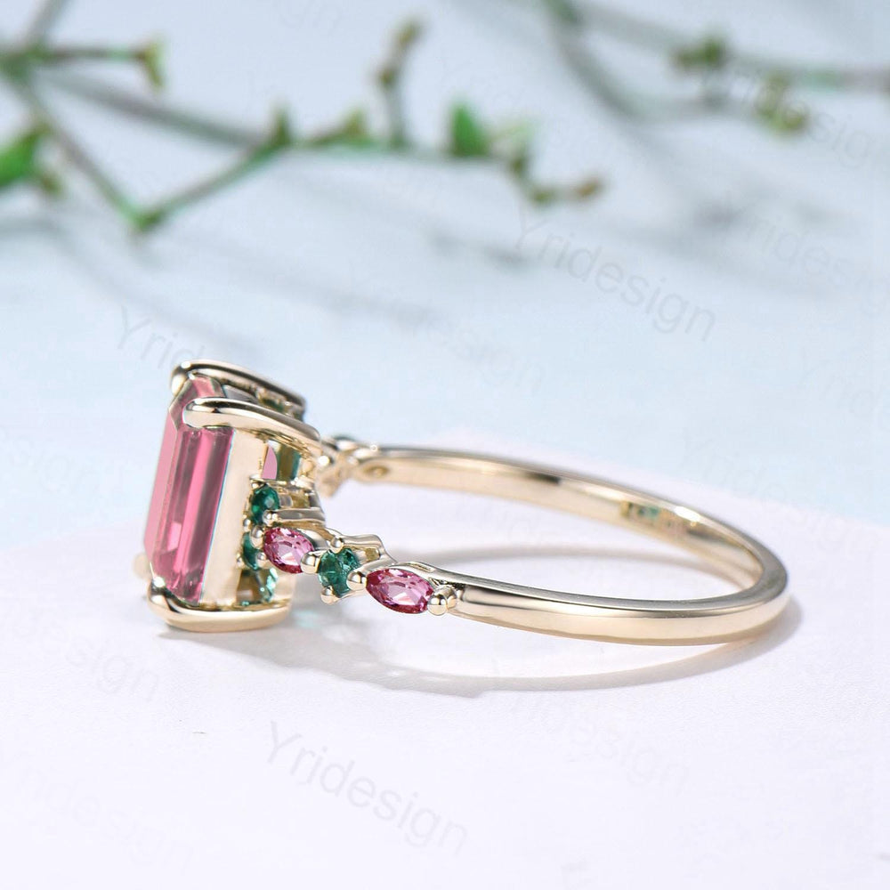 Vintage Padparadscha sapphire Engagement Ring Yellow Gold Pink Tourmaline and Emerald Wedding Band Pink Crystal Anniversary Ring For Women - PENFINE