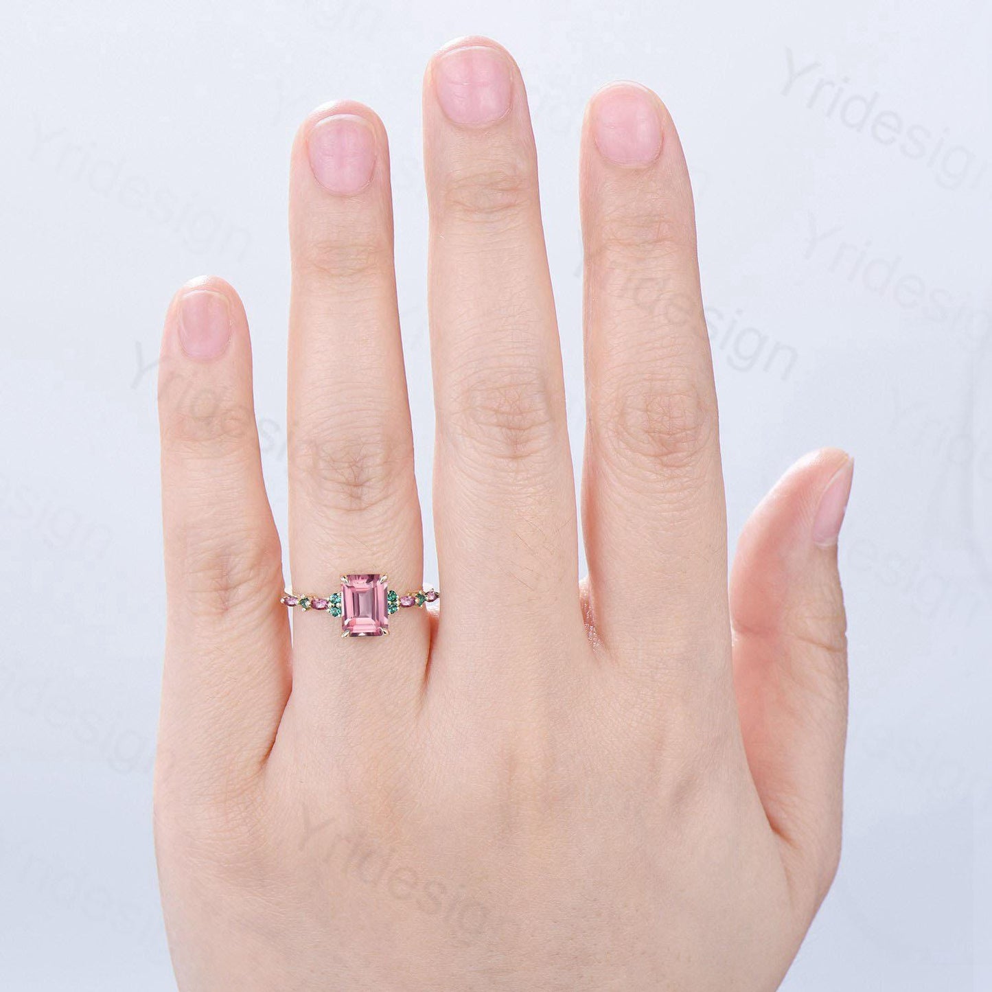 Vintage Padparadscha sapphire Engagement Ring Yellow Gold Pink Tourmaline and Emerald Wedding Band Pink Crystal Anniversary Ring For Women - PENFINE