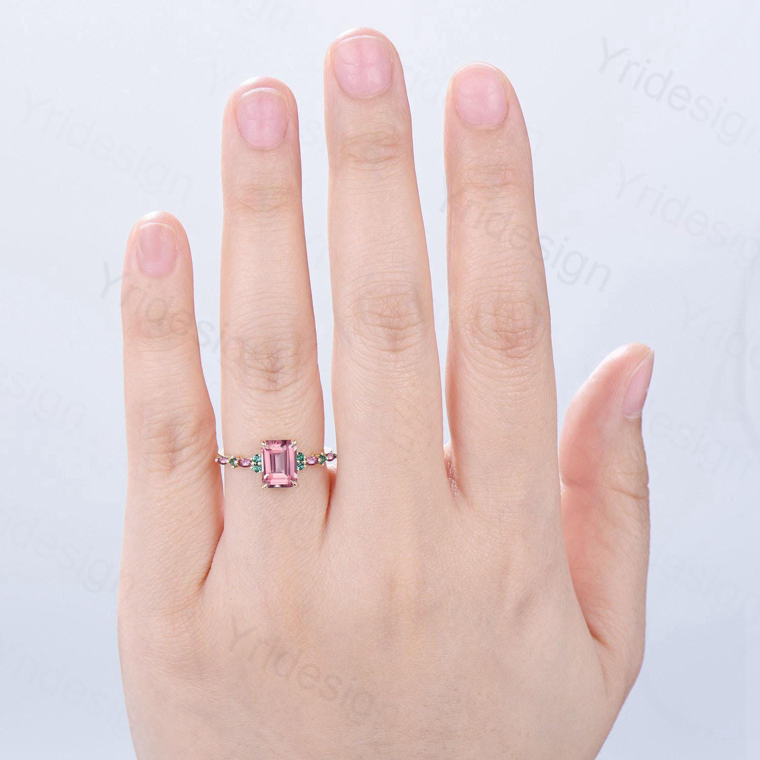 Vintage Padparadscha sapphire Engagement Ring Yellow Gold Pink Tourmaline and Emerald Wedding Band Pink Crystal Anniversary Ring For Women - PENFINE