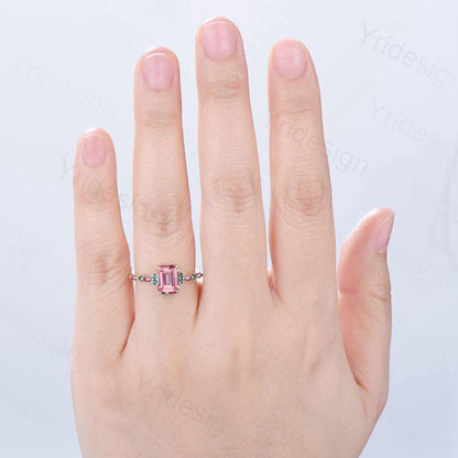 Vintage Padparadscha sapphire Engagement Ring Yellow Gold Pink Tourmaline and Emerald Wedding Band Pink Crystal Anniversary Ring For Women - PENFINE