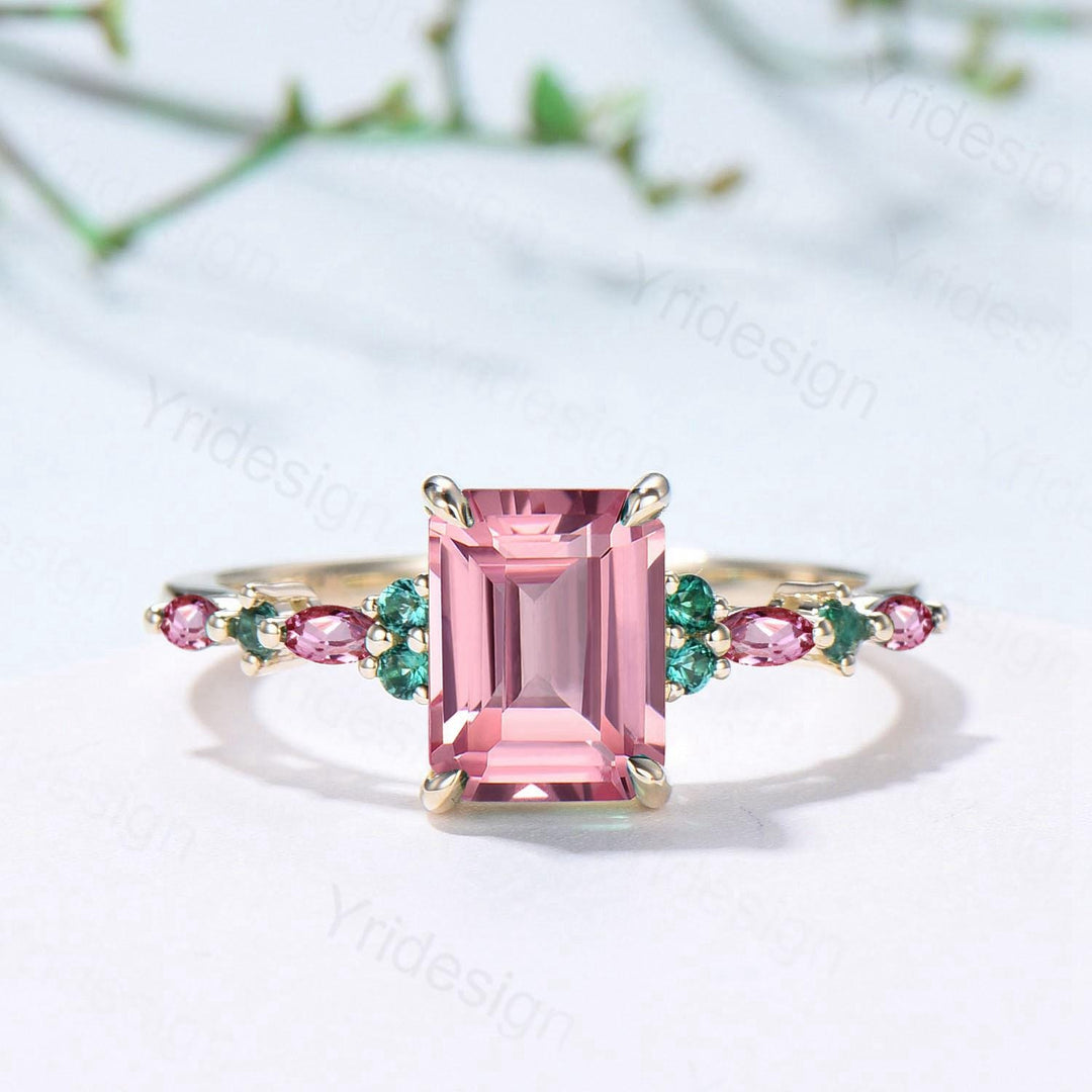 Vintage Padparadscha sapphire Engagement Ring Yellow Gold Pink Tourmaline and Emerald Wedding Band Pink Crystal Anniversary Ring For Women - PENFINE