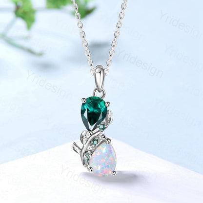 Nature Inspired Opal Emerald Pendant Necklace Women Unique Alternative Moss Agate Necklace Branch Snake pear shaped leaf pendant mom's gift - PENFINE