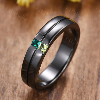 Gothic Black Gold Ring: Emerald Peridot Princess Cut Birthstone Band