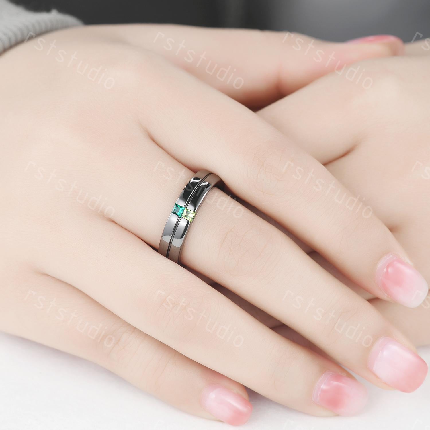 Gothic Black Gold Ring: Emerald Peridot Princess Cut Birthstone Band