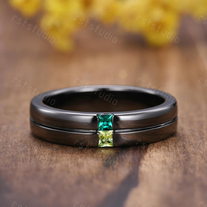 Gothic Black Gold Ring: Emerald Peridot Princess Cut Birthstone Band